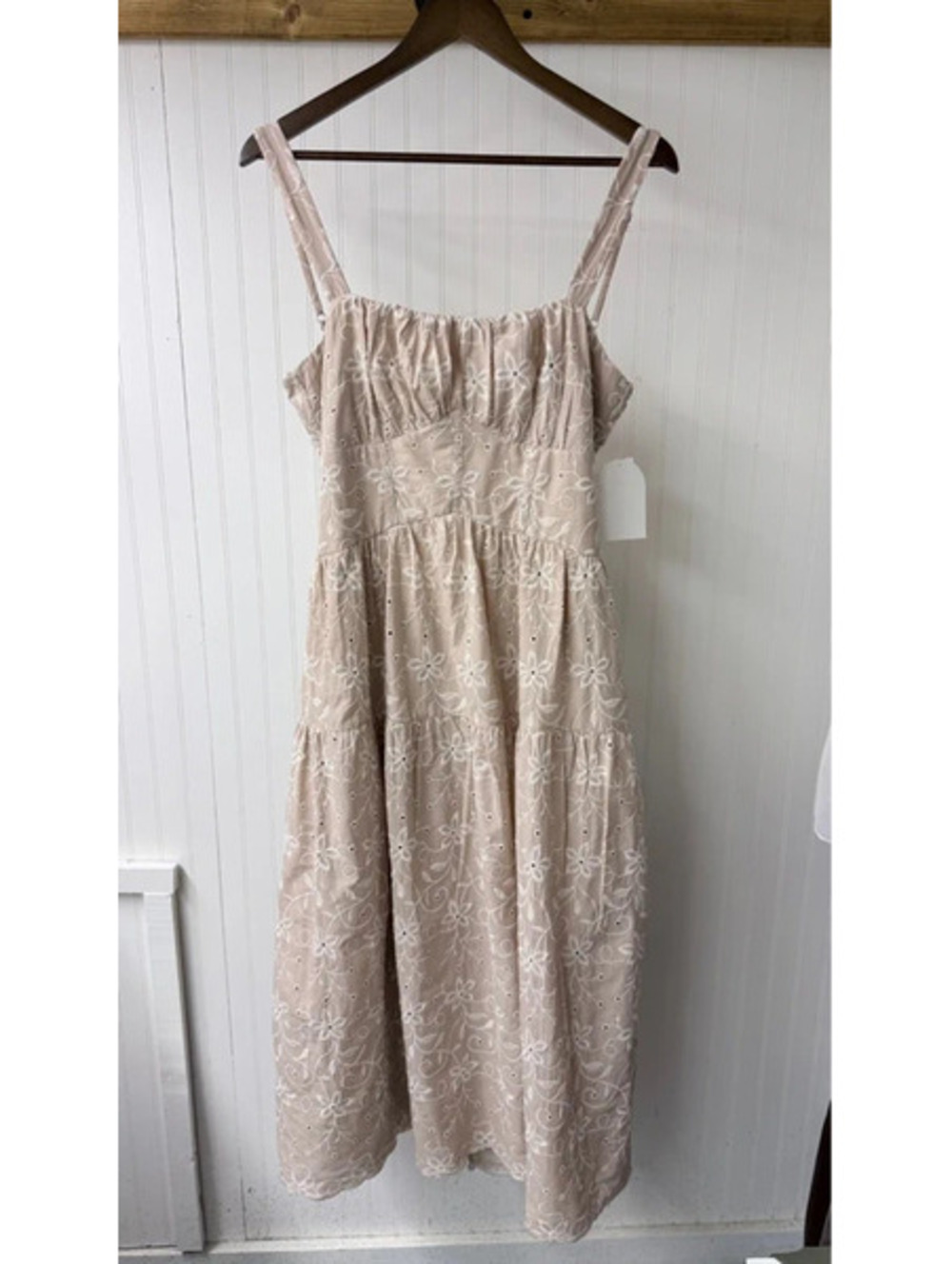 Row A Eyelet Embroidered Tiered Midi Dress Light Beige large boho resort beach